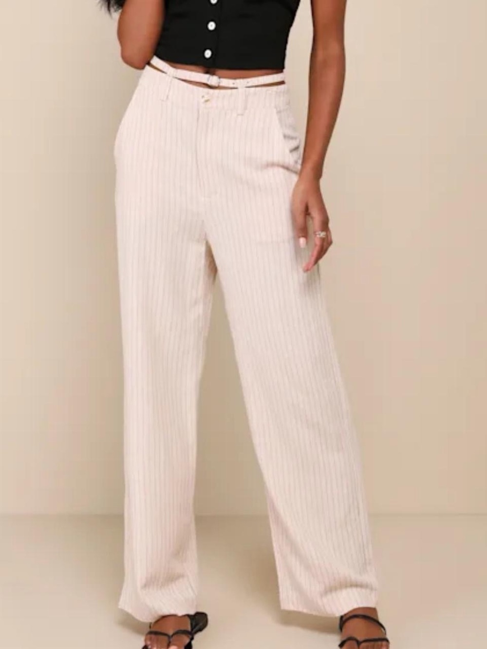 High-Waist Wide-Leg Pinstripe Pants - Cream